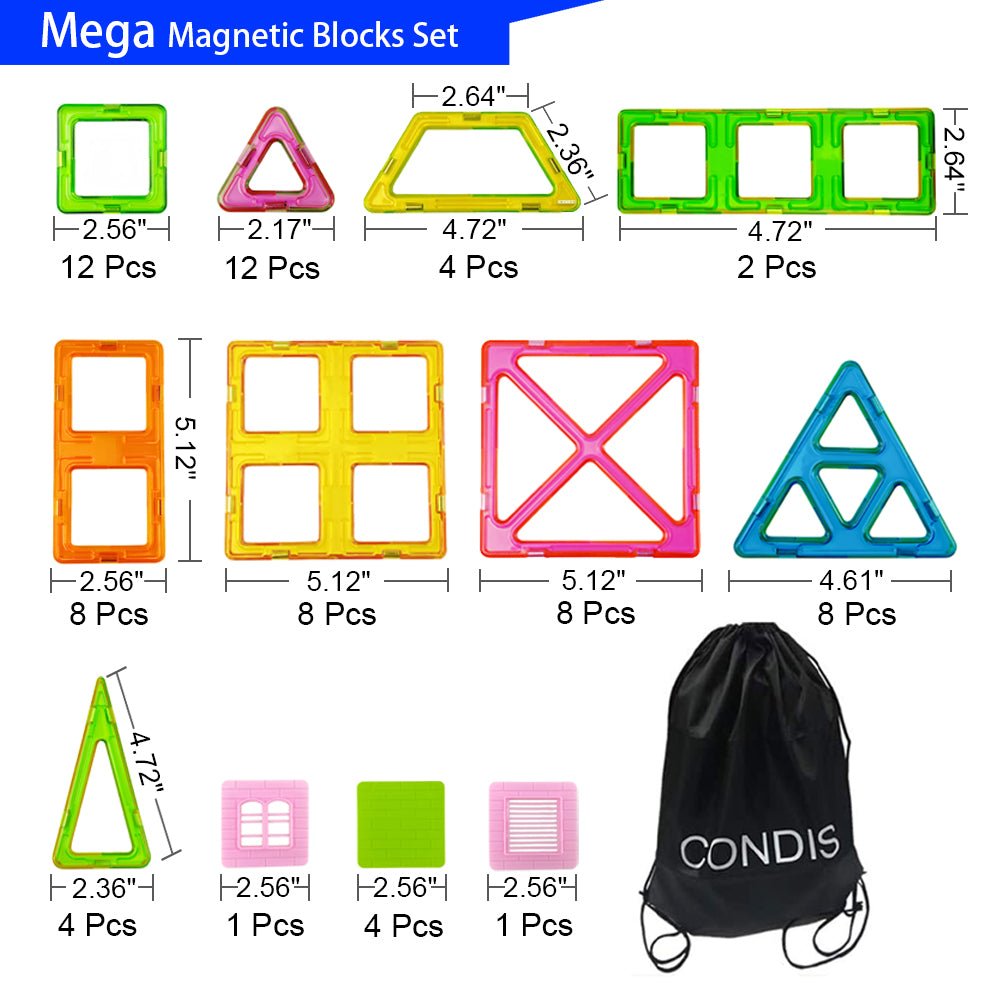 CONDIS Magnetische Bausteine 72 Teile Mega Set - XXL(2×)& Standard Blöcke, Fensterkarten, Mint Lernspielzeug ab 3+ für Zuhause & Kindergarten mit Stoffsack - Condistoys